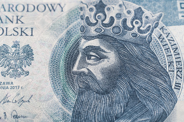 Close-up for Casimir III the Great at 50 PLN. Kazimierz III Wielki King of Poland - portrait from money. 50 Polish zloty.