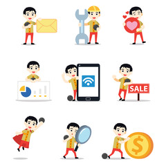 Set of character man playing bowling and throws a ball to skittles.