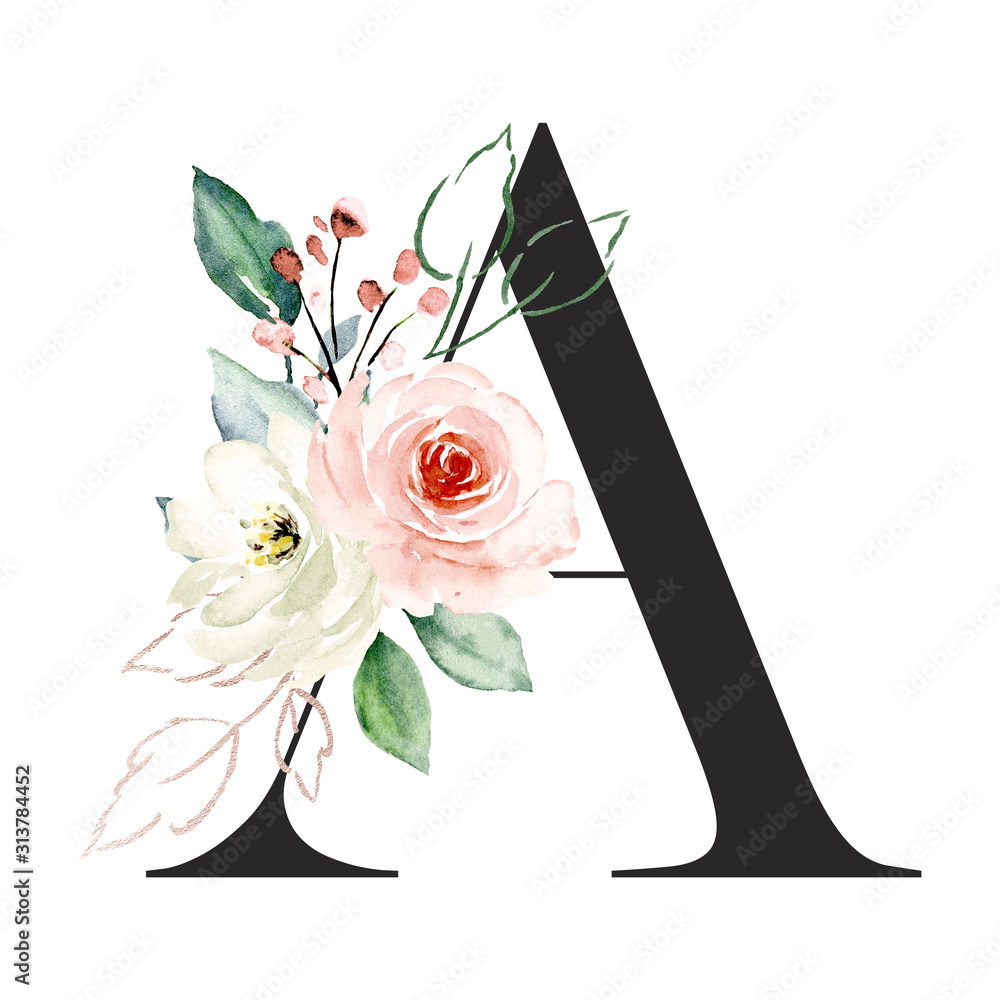 Canvas Prints Letter a, alphabet with watercolor flowers roses and leaf. Floral monogram initials perfectly for wedding invitation, greeting card, logo, poster and other. Holiday design hand painting.