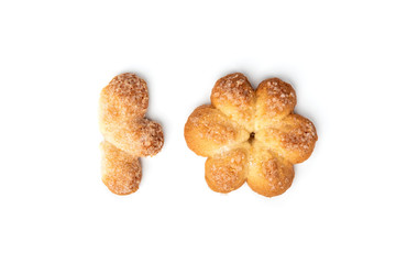 Shortbread cookies in shape flower isolated on white background.