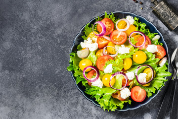 Tomatoes feta cheese green salad on dark background. Top view, space for text.