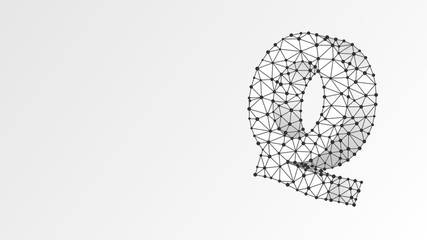 Alphabet letter Q. Abstract digital wireframe, low poly mesh, vector white origami 3d illustration. Design of an Uppercase english letter. Banner, template or a pattern. Line dot