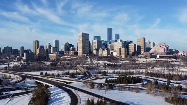 Drone shot of Edmonton, Alberta Skyline in Winter