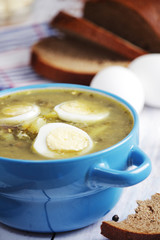 A bowl with homemade sorrel soup	