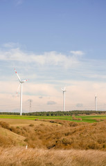 Suburban landscape. Windmills on farm among fields. Sunny summer day. Blue sky with white clouds....