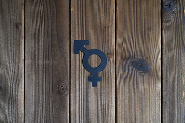 male and female symbol for gender equality cut out of paper on a wooden background