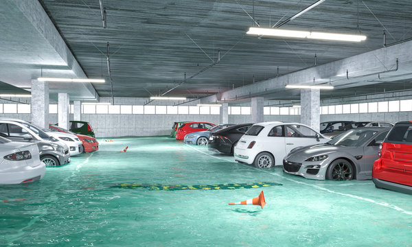 3d render image of a flooded underground parking.