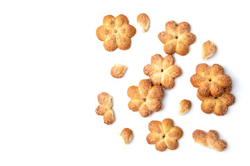 Shortbread cookies in shape flower isolated on white background.