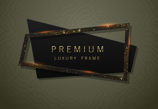 Vector geometric black banner with sparkling golden sequins frame. Premium label design for logo or cover tagline