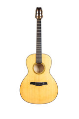 Obraz premium wood texture of lower deck of six strings acoustic guitar on white background. guitar shape