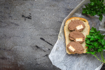 liver pate (delicious snack) menu concept. food background. top view. copy space