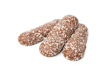 Chocolate cookies with coconut isolated on white background.