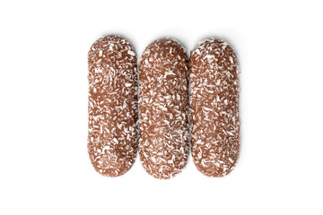 Chocolate cookies with coconut isolated on white background.
