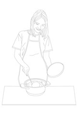 young beautiful woman in apron is preparing food in a pot outline vector illustration