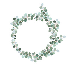A wreath of blue foliage. Save the date. Clip art for wedding, invitation, celebration. Eucalyptus branches. Vector illustration isolated on a white background.