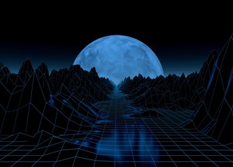 Futuristic retro landscape of the 80`s. 3D illustration of moon with mountains in retro style. Digital Retro Cyber Surface. Suitable for design in the style of the 1980`s.
