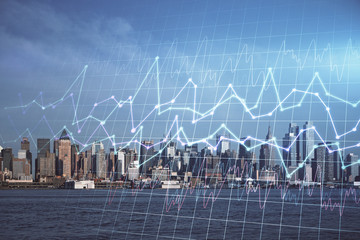 Forex chart on cityscape with skyscrapers wallpaper double exposure. Financial research concept.