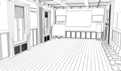 empty room, contour visualization, 3D illustration, sketch, outline