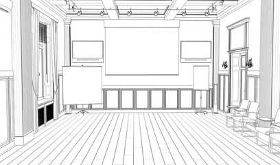 empty room, contour visualization, 3D illustration, sketch, outline