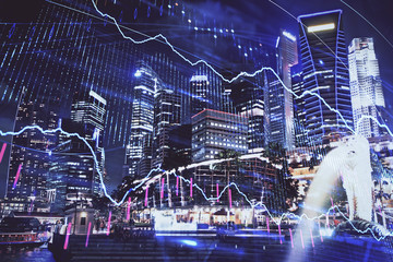 Financial chart on city scape with tall buildings background multi exposure. Analysis concept.