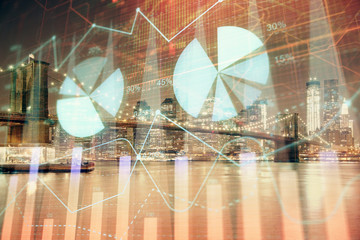 Financial chart on city scape with tall buildings background multi exposure. Analysis concept.
