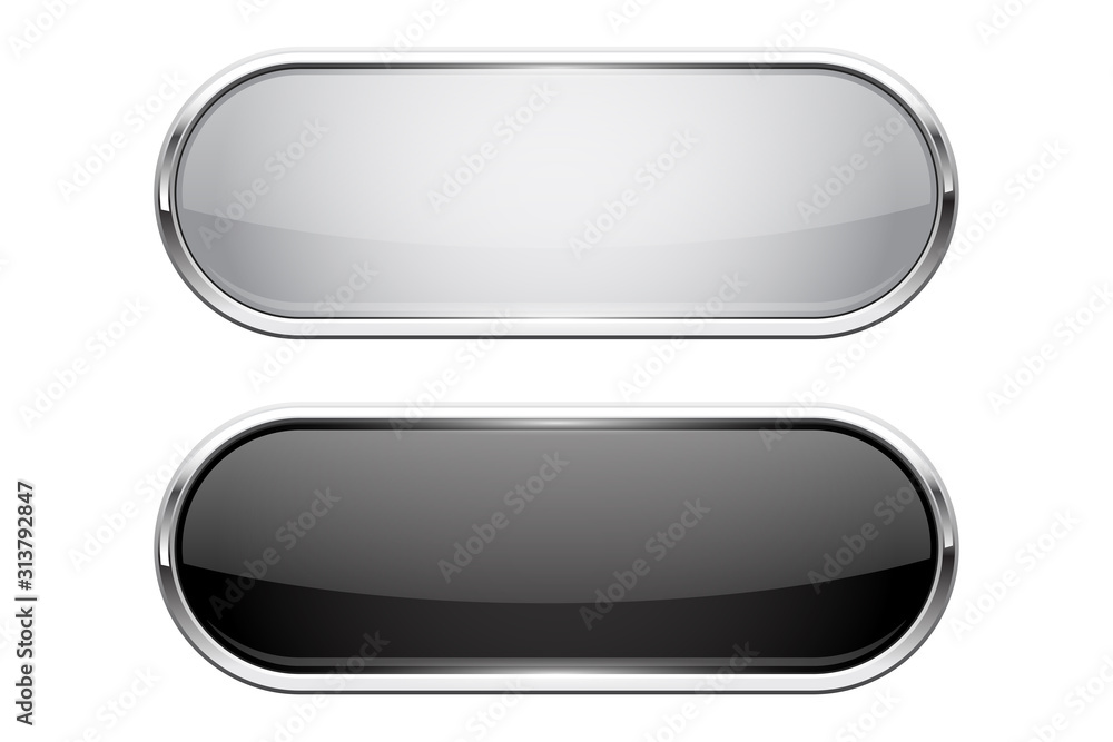 Wall mural web buttons. black and white shiny oval icons with chrome frame