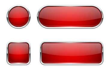 Web buttons. Red shiny icons with chrome frame