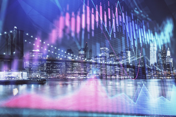 Financial chart on city scape with tall buildings background multi exposure. Analysis concept.