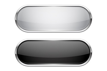 Web buttons. Black and white shiny oval icons with chrome frame