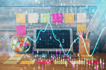 Multi exposure of chart and financial info and work space with computer background. Concept of...