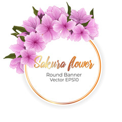 Vector gold round banner with asian sakura flower and leaves. Hand drawn cherry blossom flower and leaves in watercolor imitation. Springtime frame with sakura flower template with place for text.