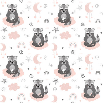 Cute seamless pattern with raccoons