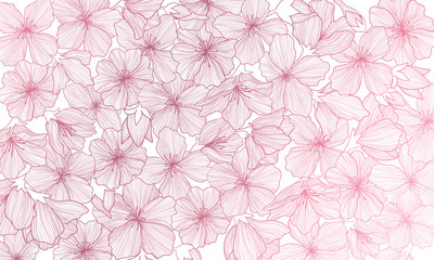Vector horizontal background with line art sakura flowers. Hand drawn illustration of romantic sakura cherry blossom flower. Pink gold outline backdrop with cherry flower. 