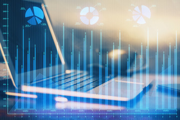 Multi exposure of chart and financial info and work space with computer background. Concept of...