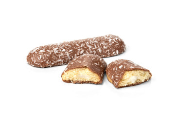 Chocolate cookies with coconut isolated on white background.
