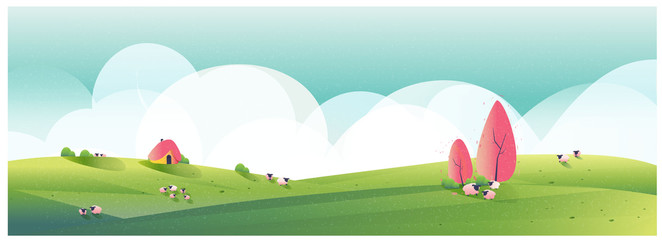 Panorama Vector illustration of Countryside landscape.Minimalist illustration of sheep farm in spring.Green valley with bright sky and cloud.Image with noise and grain..Green and pink coral color  