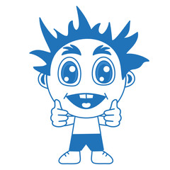 emoticon with a happy cool boy, you're awesome facial expression and thumbs up gesture, blue vector emoji on white isolated background