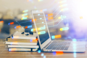 Double exposure of computer and technology theme hud. Concept of innovation.