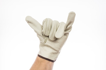 Ok Thumb and Little Finger, hand signal with white leather work glove.