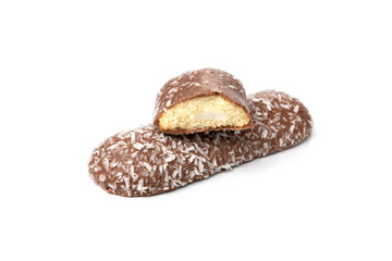Chocolate cookies with coconut isolated on white background.