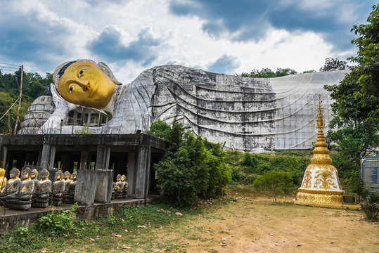 Saraburi , Thailand - January, 01, 2020 : Big buddha reclining that high than 30 meters at wat Pha Swang Boon, Saraburi, Thailand