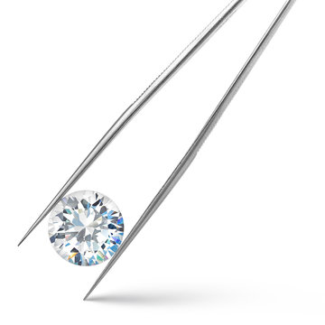 Round Diamond in Tweezers on White Background