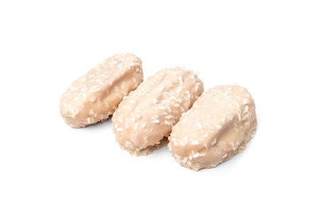 Coconut eclairs or custard cookies isolated on white background.