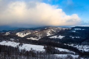 Fototapeta na wymiar Transylvanian winter landscape drone view.