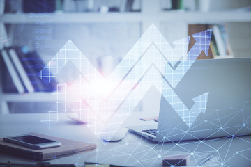 Computer on desktop with point up arrows hologram. Double exposure. Concept of success.