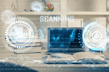 Technology theme drawing and work space with computer. Multi exposure. Concept of innovation.