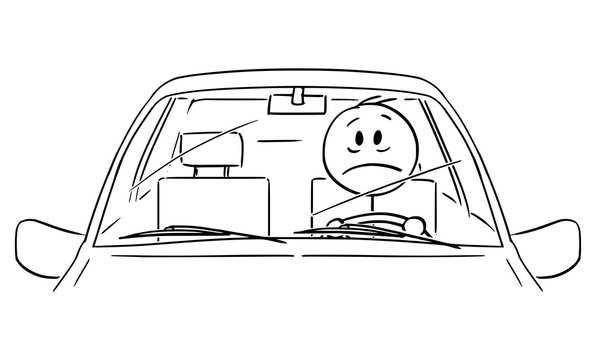 Vector cartoon stick figure drawing conceptual illustration of tired, unhappy,sad or stressed man or driver driving a car. Front view.