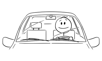 Vector cartoon stick figure drawing conceptual illustration of happy smiling man or driver enjoying driving a car. Front view.