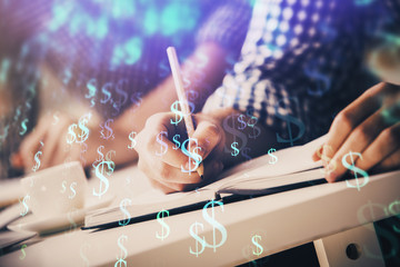 Multi exposure of two men planing investment with stock market forex chart.