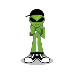 Vector of green alien character wearing shoes, backpack and   black hat isolated white background design eps format